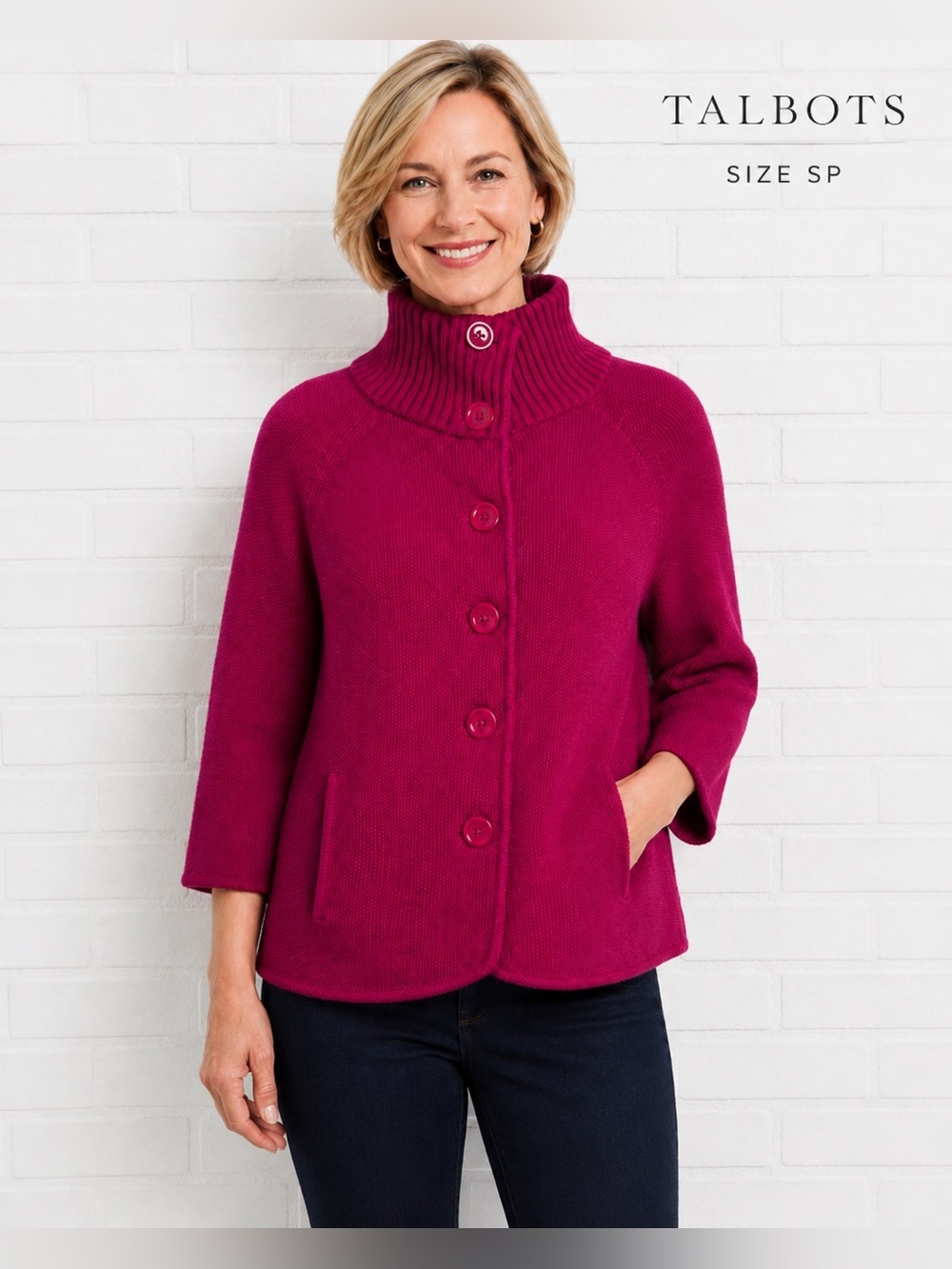 Talbots Pink magenta Cotton Knit Button Cardigan Sweater Size SP